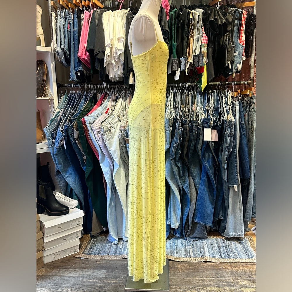 AFRM- Shea Rhinestone maxi bodysuit sheer mesh butter yellow dress new with tags - Picture 2 of 4